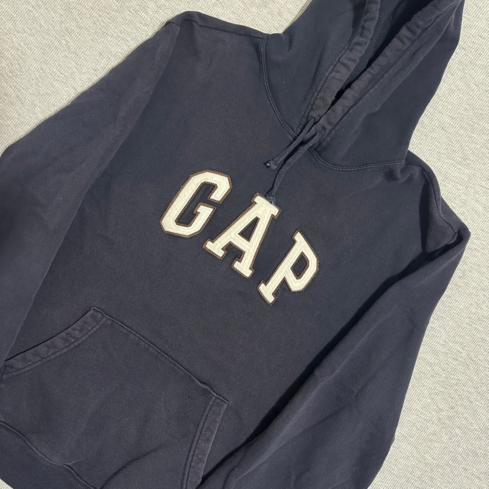 Y2K Gap Arch Logo Fleece Hoodie Faded Navy Blue Pullover Sweatshirt Mens Large